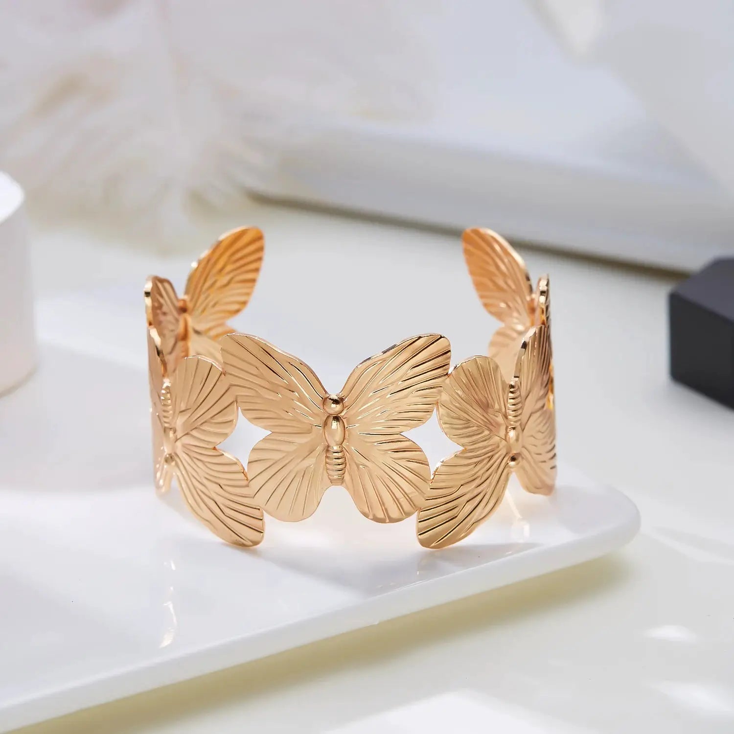 Stainless Steel Hollow Flower Butterfly Cuff Bracelet Gold Plated Adjustable Open Wide For Women Jewelry