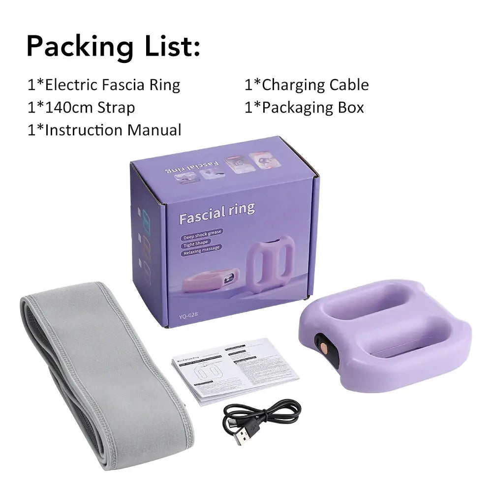 Portable purple dual-ring fascia massager with belt; 5-piece set including USB cable and manual