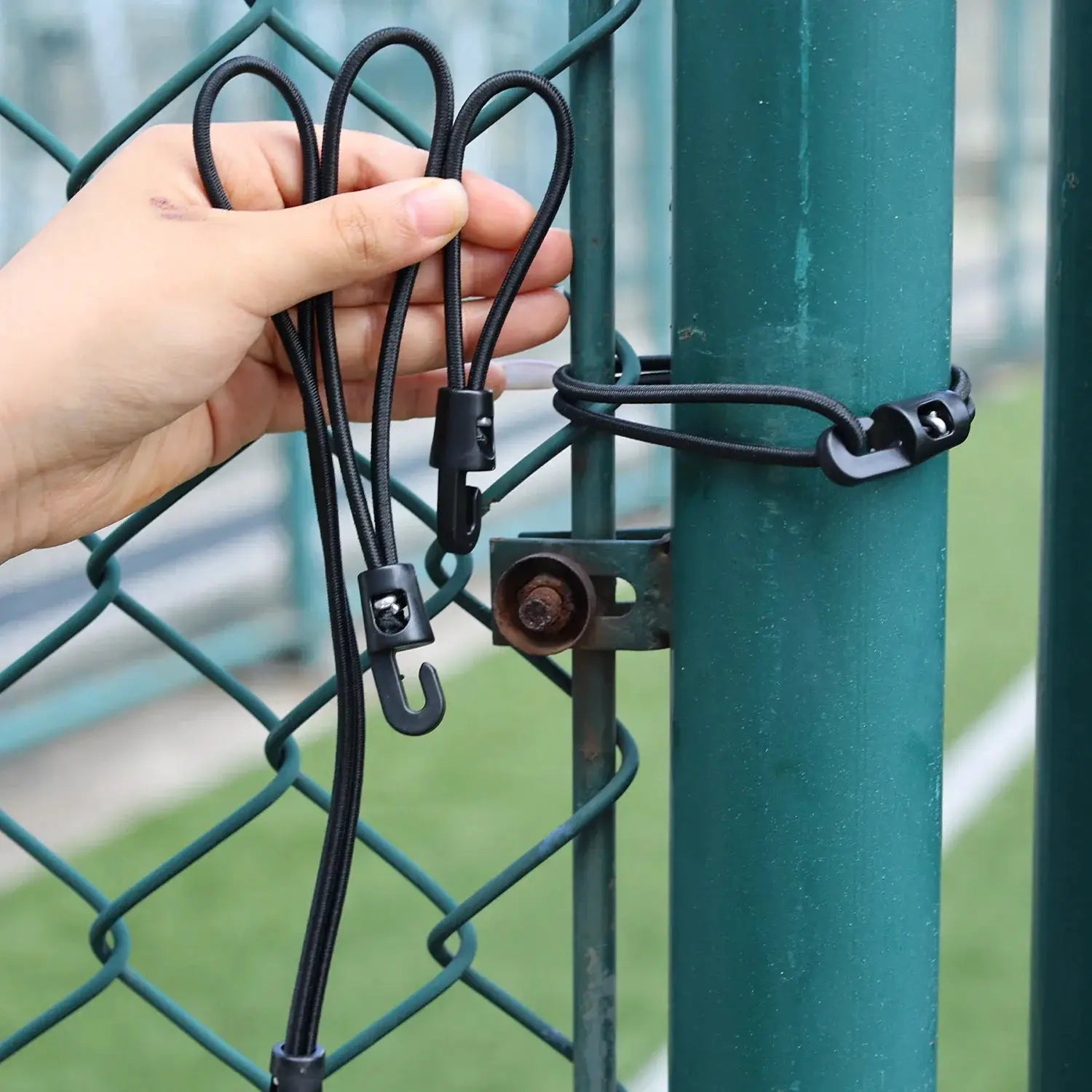 Four black bungee cords with hooks for camping tarpaulins secured to a green metal fence post