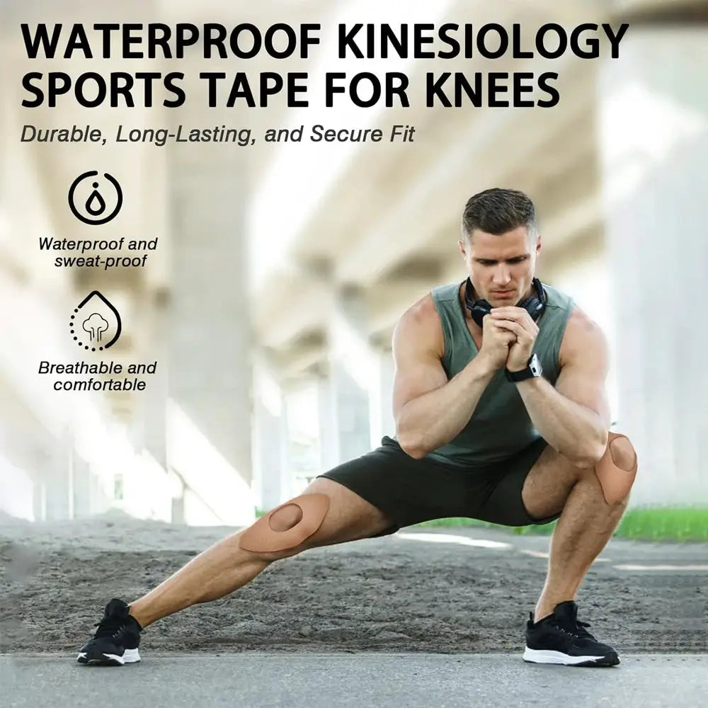 Kinesiology knee tape, tan elastic patches on both knees worn by a male athlete for knee support