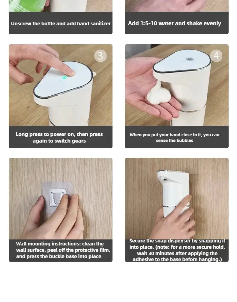 Simples Market white wall-mounted automatic soap dispenser with touchless sensor, shown in a six-panel setup guide.