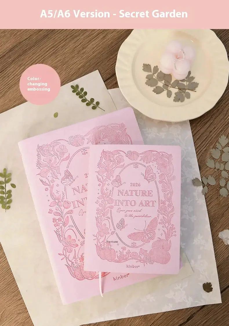 Kinbor pink Nature Into Art 2026 notebook planner with floral cover, A5/A6 size, two copies