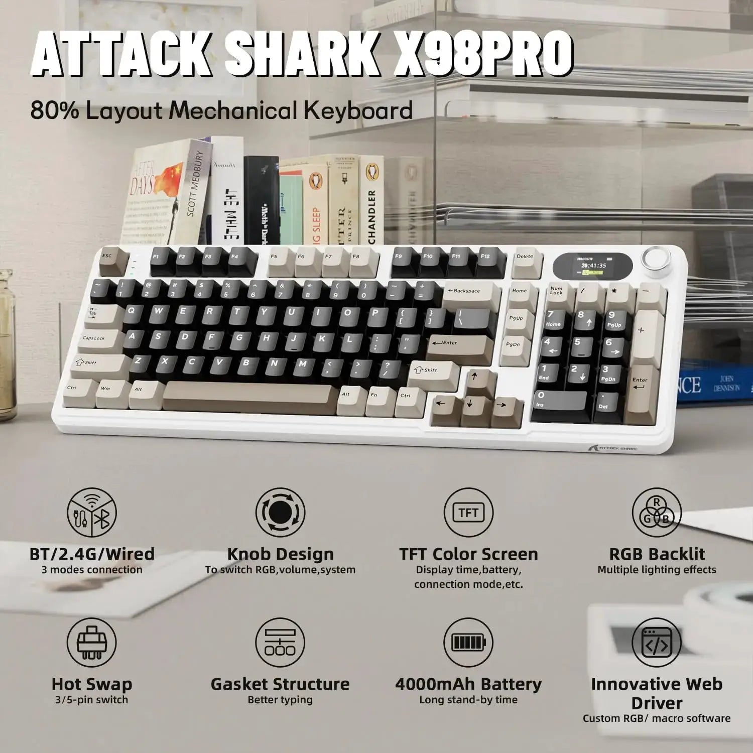 Attack Shark X98Pro wireless mechanical keyboard with screen and knob, gasket hot-swappable RGB Simples Market