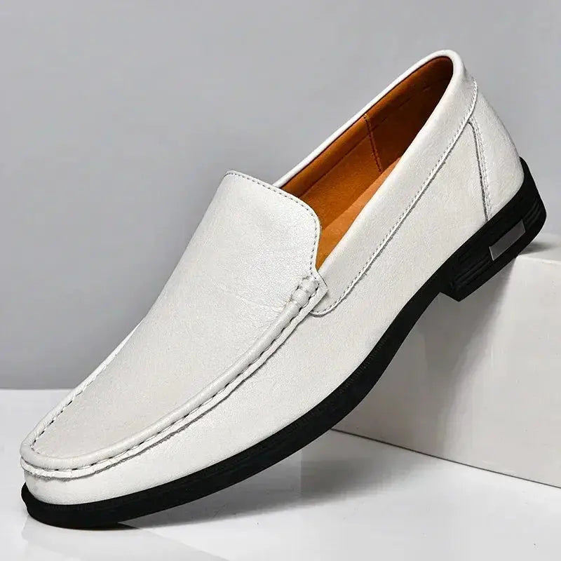 Leather men's white slip-on loafers with black sole and tan interior, Simples Market