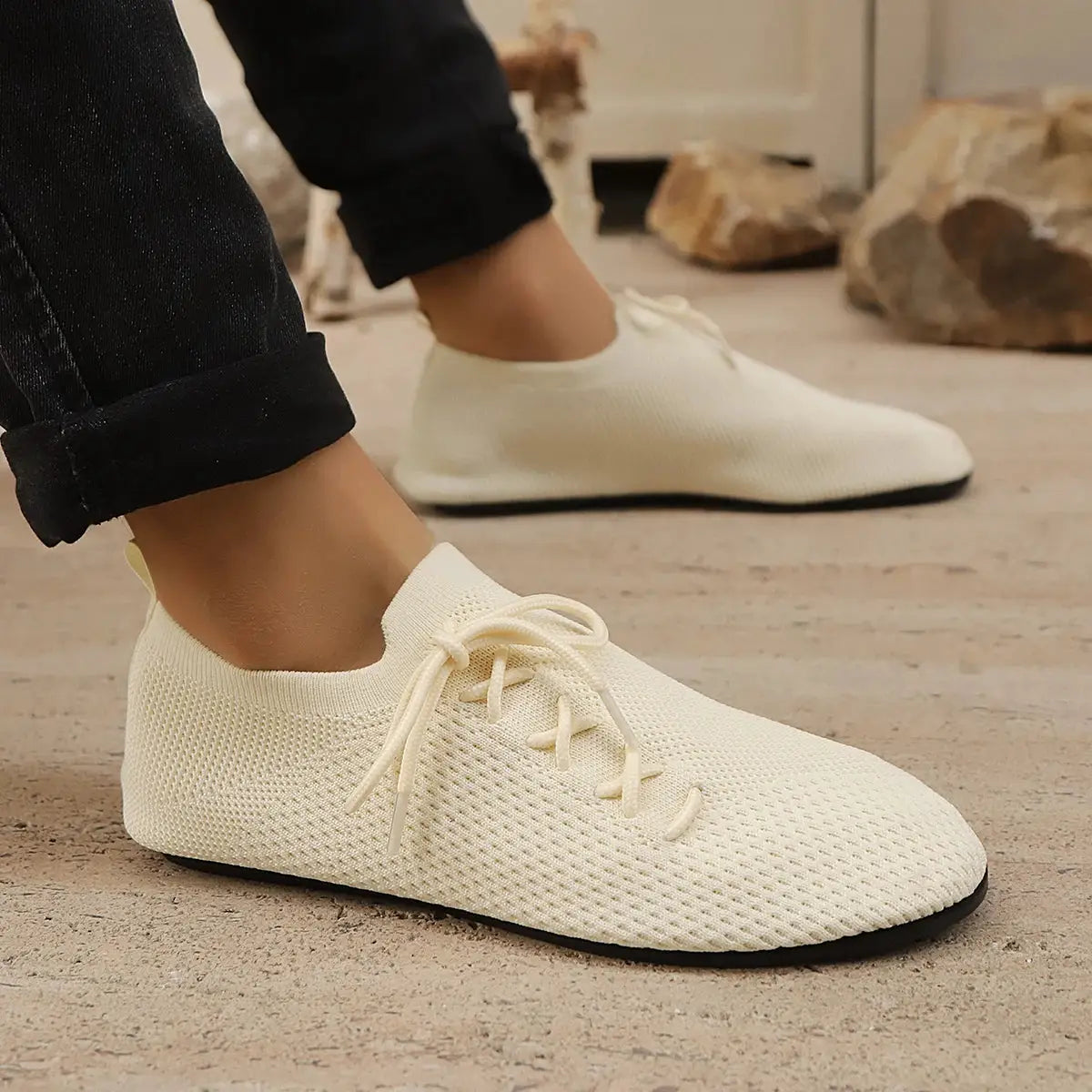 Breathable mesh loafers, cream knit upper pair, anti-slip sole, Simples Market