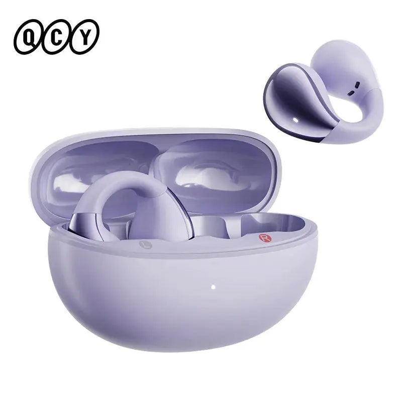 QCY Crossky C30 open-ear wireless earbuds, two-piece lavender with charging case; Bluetooth 5.4 spatial audio