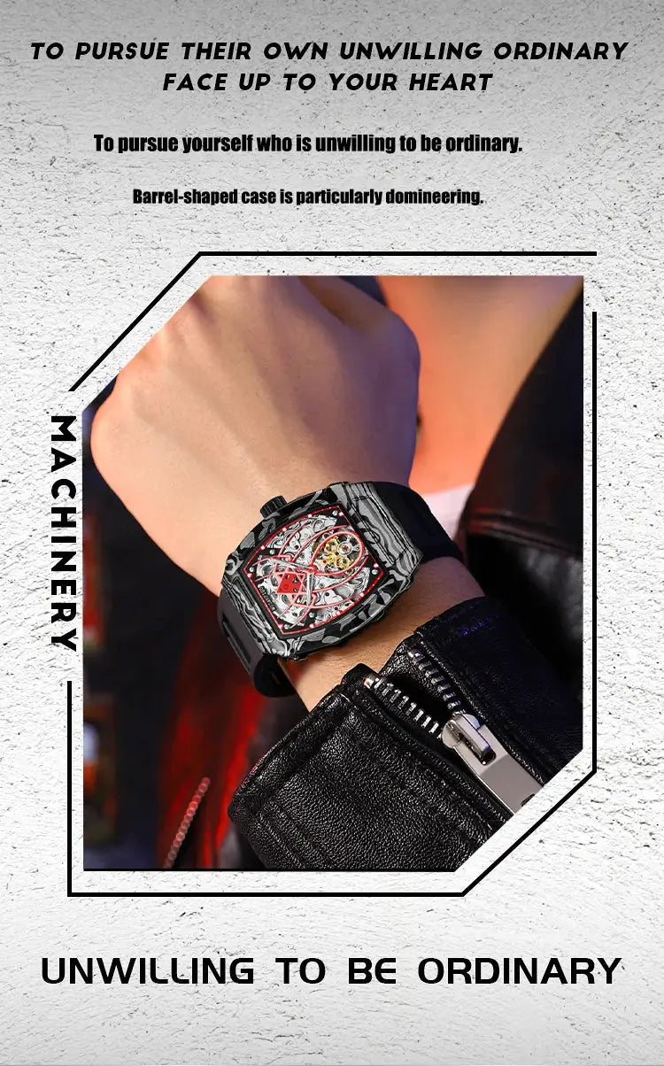 MUSANFIGO automatic hollow mechanical watch, barrel-shaped case, skeleton dial, black strap