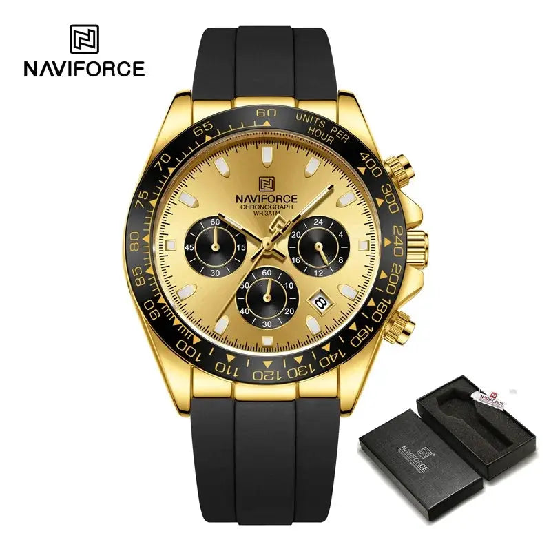 NAVIFORCE NF8054 men's chronograph wristwatch with gold-tone case and black silicone band
