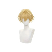 Chainsaw Man Denji cosplay wig, golden heat-resistant synthetic, layered short hairstyle on a mannequin head