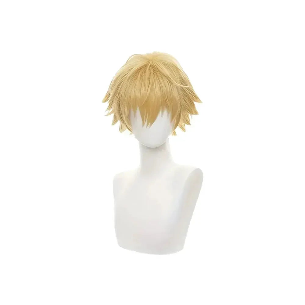 Chainsaw Man Denji cosplay wig, golden heat-resistant synthetic, layered short hairstyle on a mannequin head