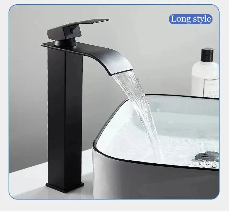 Simples Market waterfall wash basin faucet, black stainless steel, high-arc spout for bathroom sink