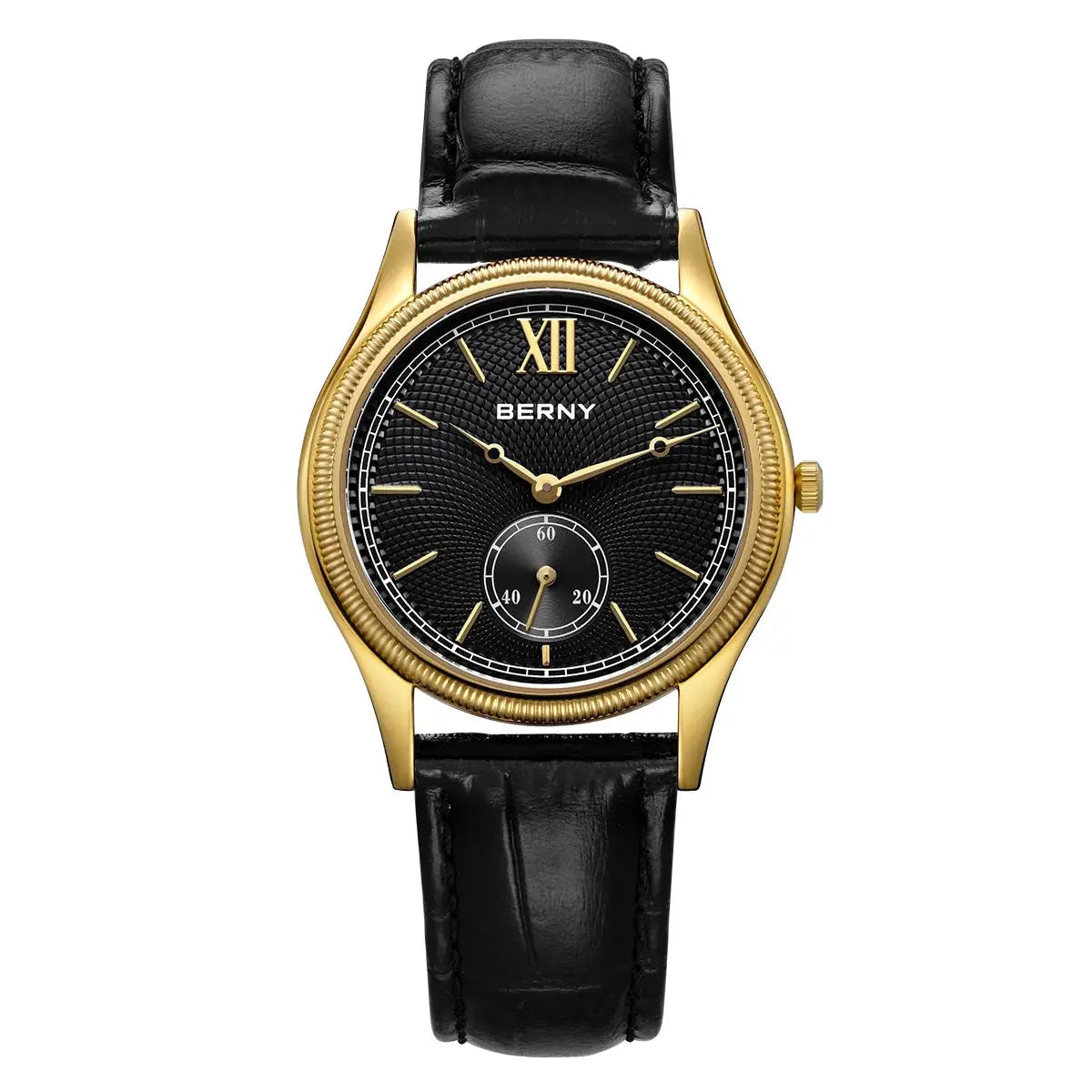BERNY luxury men's watch with gold-tone case, black textured dial, leather strap.