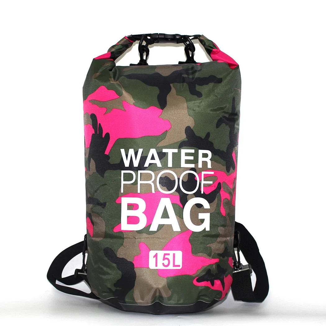 Waterproof dry bag 15L in camo with pink accents and black shoulder strap