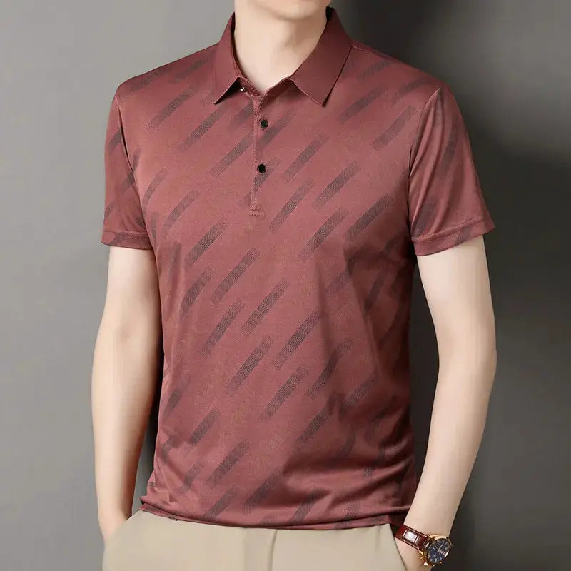 Men's polo shirt with short sleeves in brick red, diagonal striped print.
