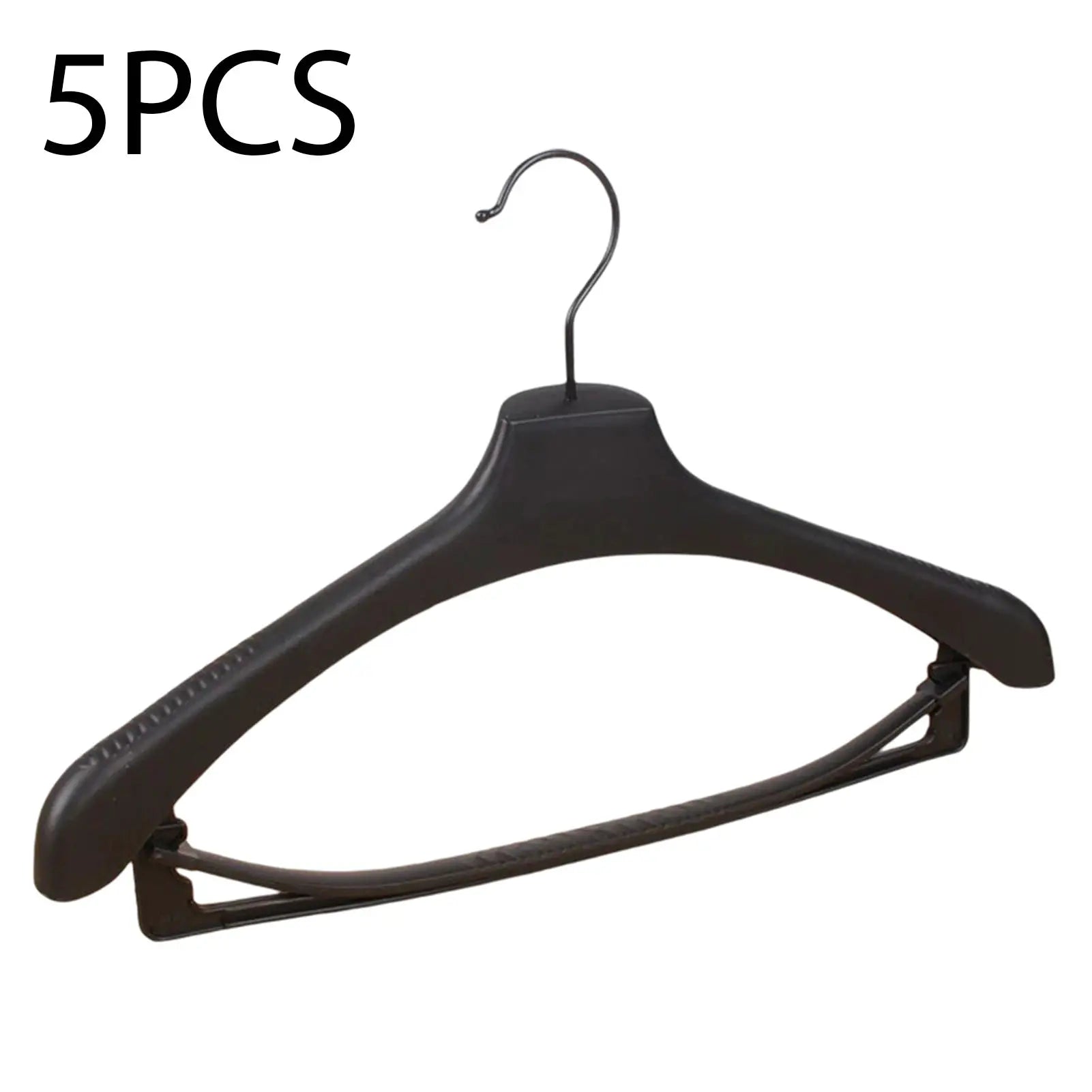 5pc wide-shoulder black plastic clothing hangers with metal hooks