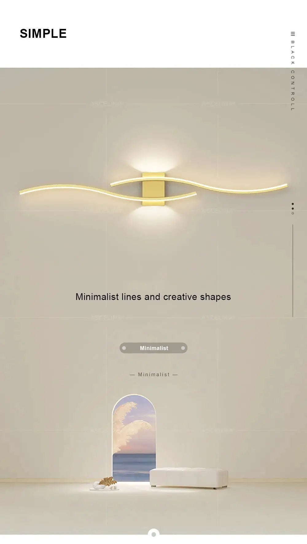 Moder LED Wall Lamp Long Strip wall light with gold-tone curved strip and square mount, ideal for bedroom or living room.