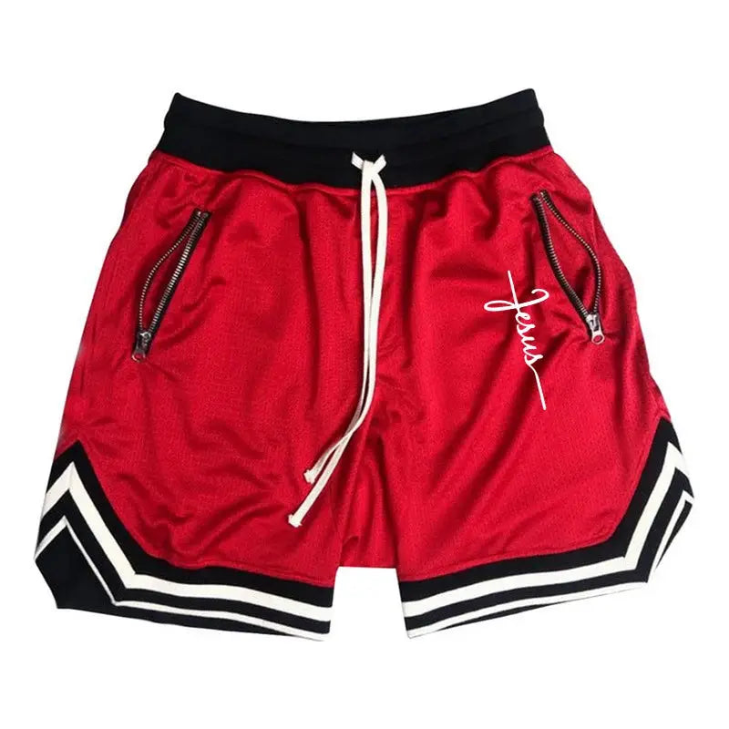 Simples Market men's red basketball shorts with black waistband, white drawstring, zip pockets, and chevron trim.