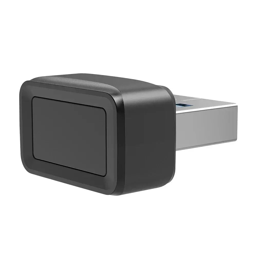 USB fingerprint key reader dongle, black USB-A device with rectangular fingerprint sensor for Windows.
