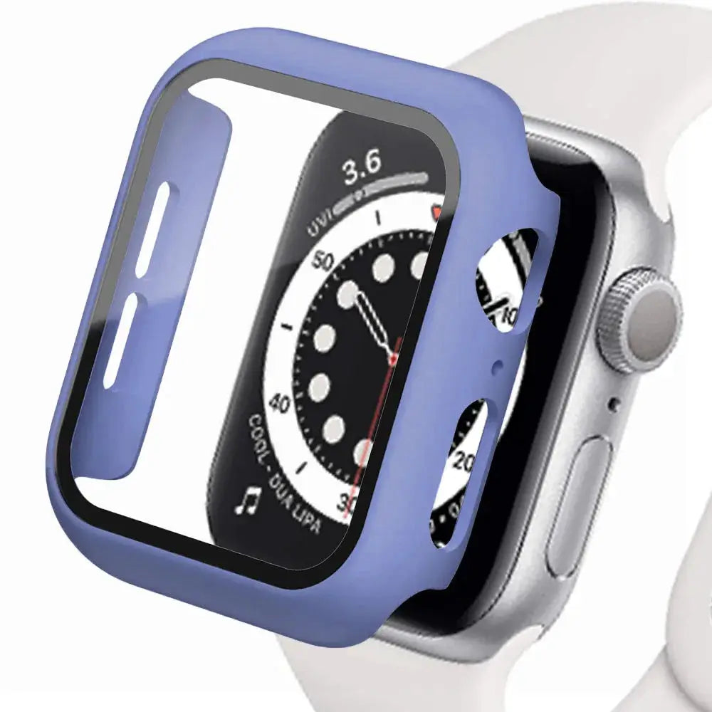 Blue Apple Watch protective case with tempered-glass screen protector; fits 40–45mm Series 9/8/7/6/5/SE