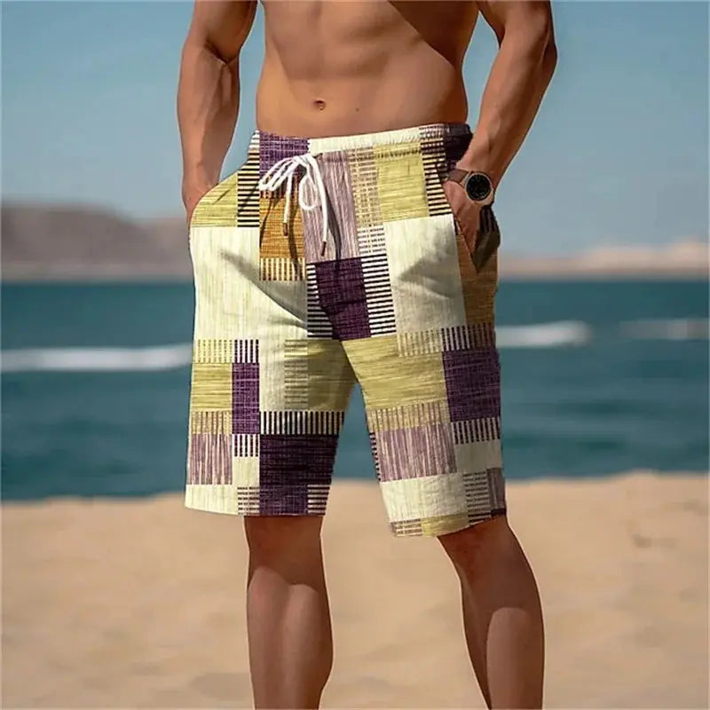 Men's beach shorts with square-splicing colorful plaid 3D print; quick-dry swim trunks by Simples Market