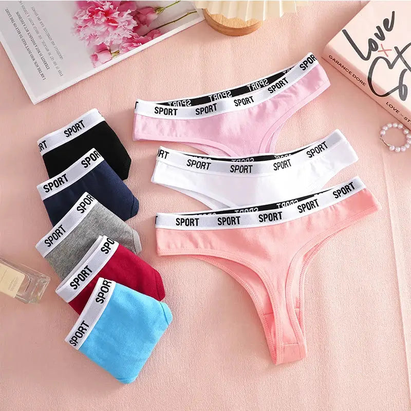FINETOO 4-piece women's cotton thong set in assorted colors with SPORT waistband