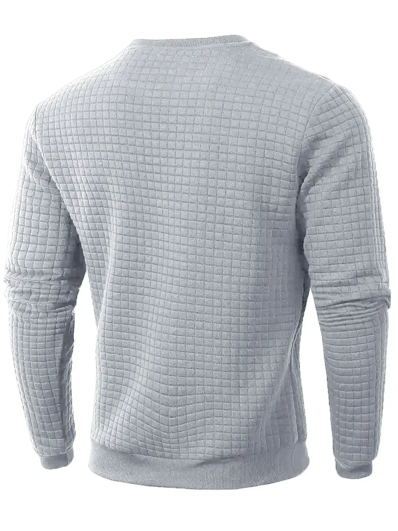 Men's quilted crew-neck sweater, light gray grid pattern, long sleeves with ribbed cuffs and hem