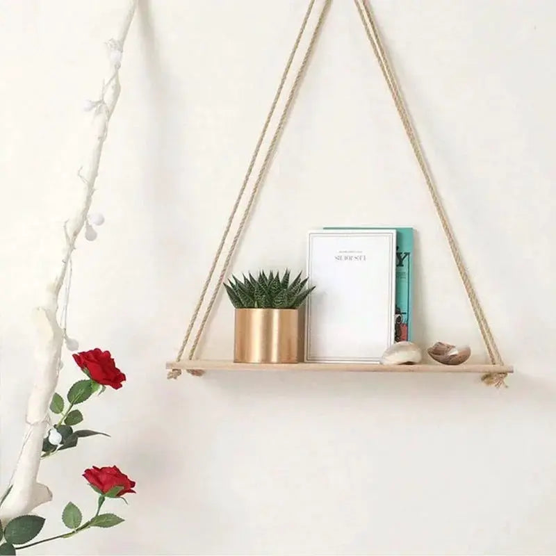 Wooden Hanging Shelf With Hemp Rope Wall Mounted Floating Shelf For Plants And Decor In Living Room