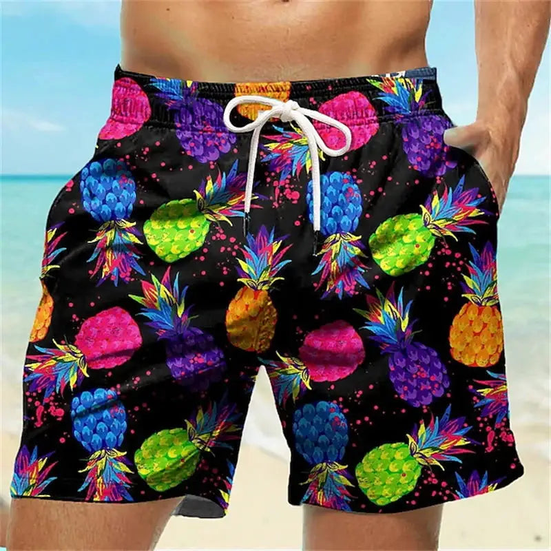 Simples Market men's shorts with neon pineapple graffiti print on black, drawstring waist