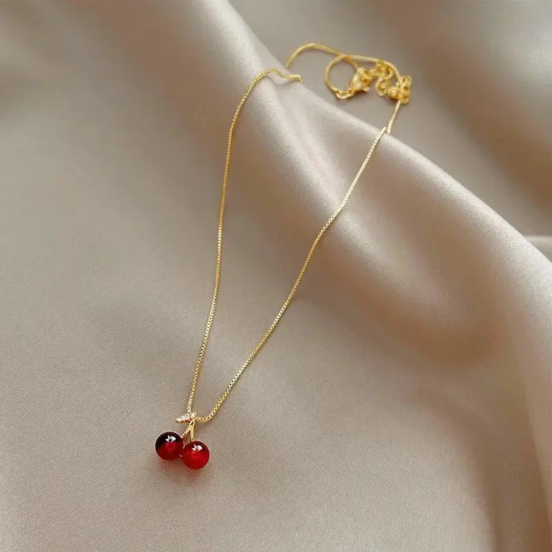 Wine Red Cherry Pendant Necklace For Women With Golden Chain Fashion Jewelry Party Wear Birthday Gift