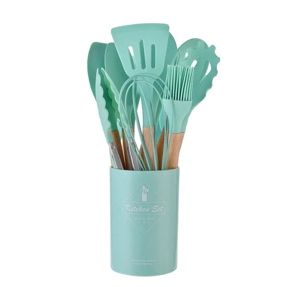 ChefGlow 12-Piece Silicone Kitchen Utensil Set With Nonstick Heat-Resistant Heads And Wooden Handles