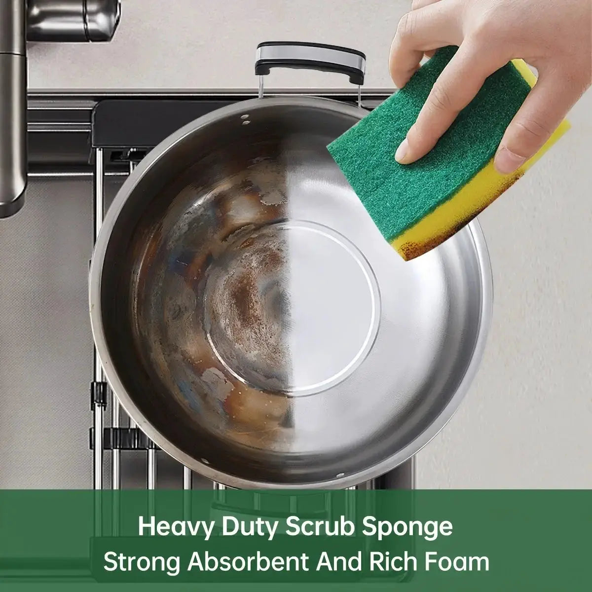 20Pcs double-sided scouring pads for pots; green abrasive surface on yellow sponge being used on a stainless steel pot