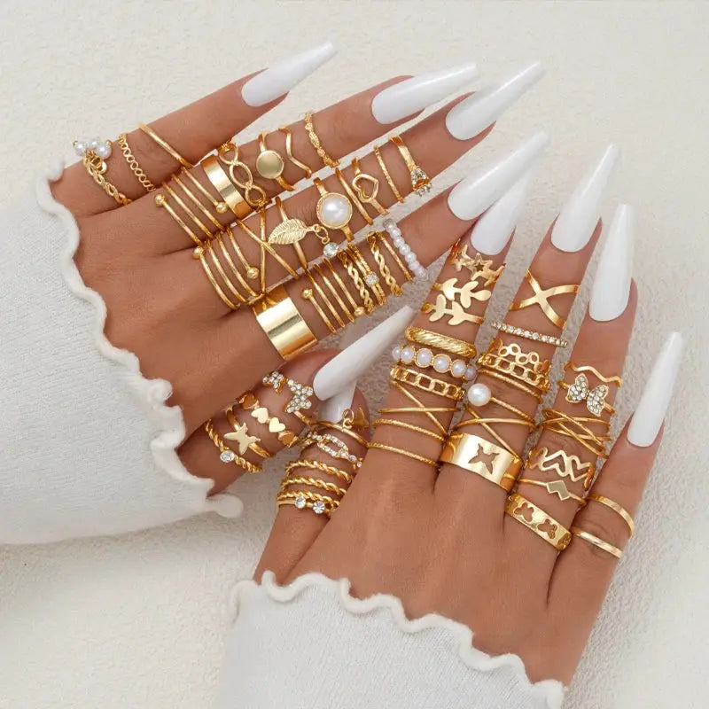 58 Piece Vintage Heart Snake Butterfly Rings Set For Women Gold Plated Geometric Hollow Finger Rings Jewelry Gifts New