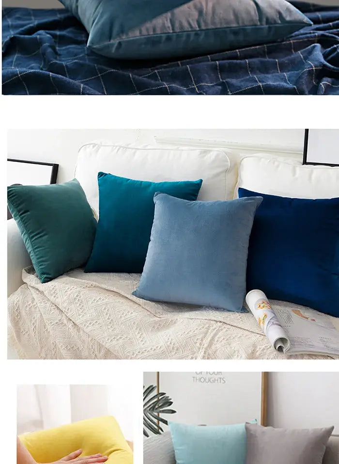 Soft velvet plaid cushion covers 30x50 for living room sofa; set of four blue/teal decorative cushions, Simples Market.