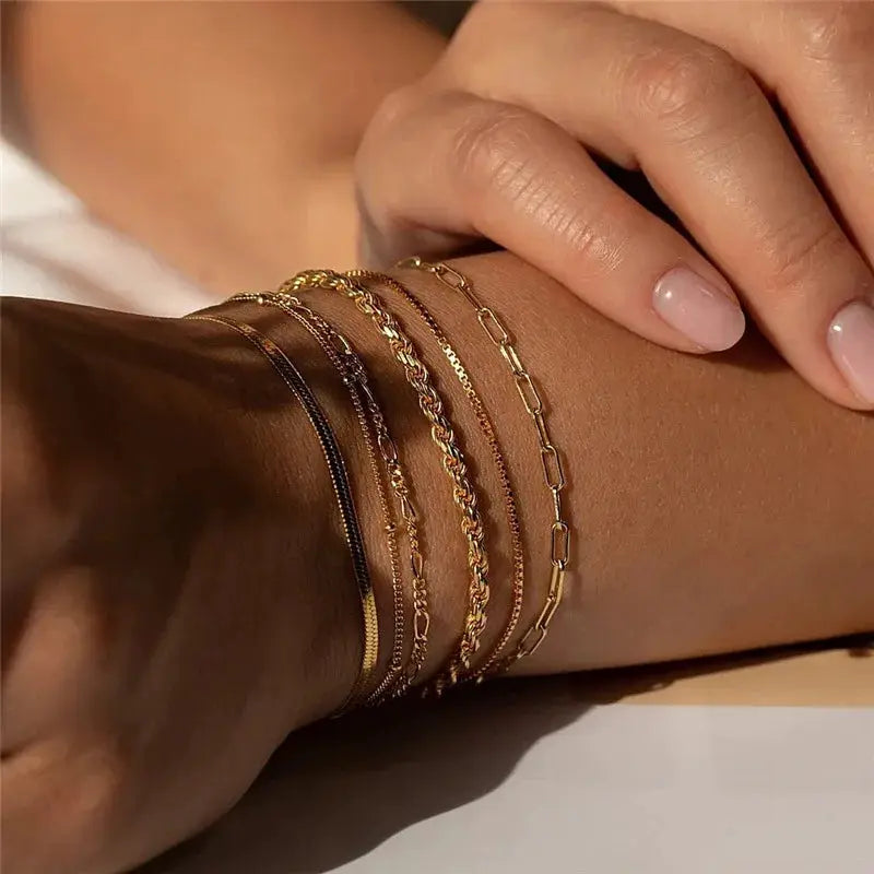 Bohemian Multi Layer Thin Chain Bracelets Set For Women Minimalist Gold Color Metal Bangles Y2K Jewelry Accessories