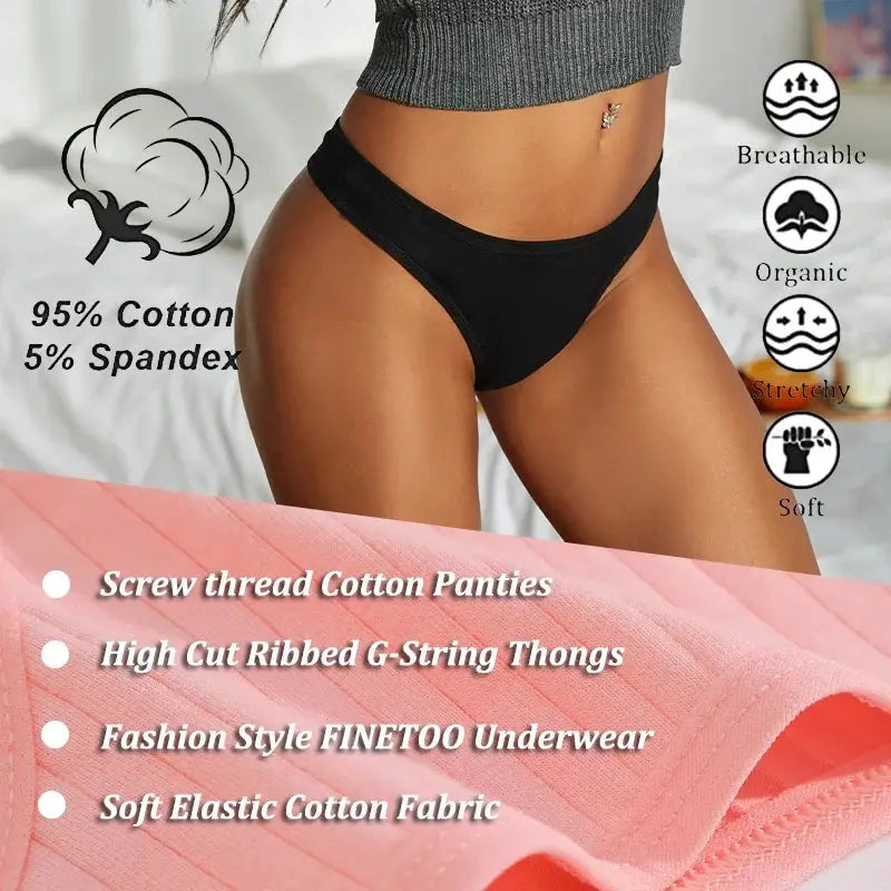 Simples Market women's ribbed cotton G-string thong, black, low-rise, soft elastic fabric