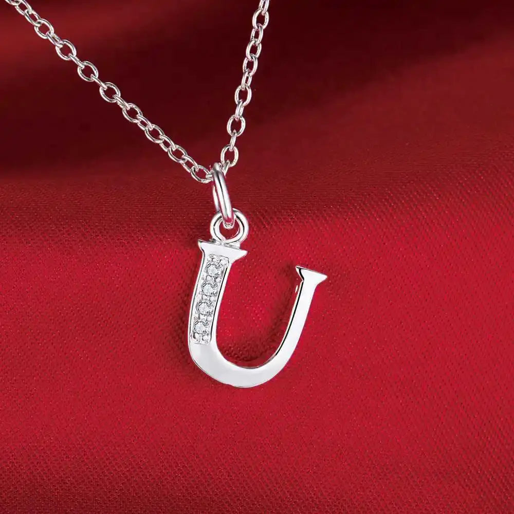 U-shaped letter pendant necklace in 925 sterling silver with zircon stones for women