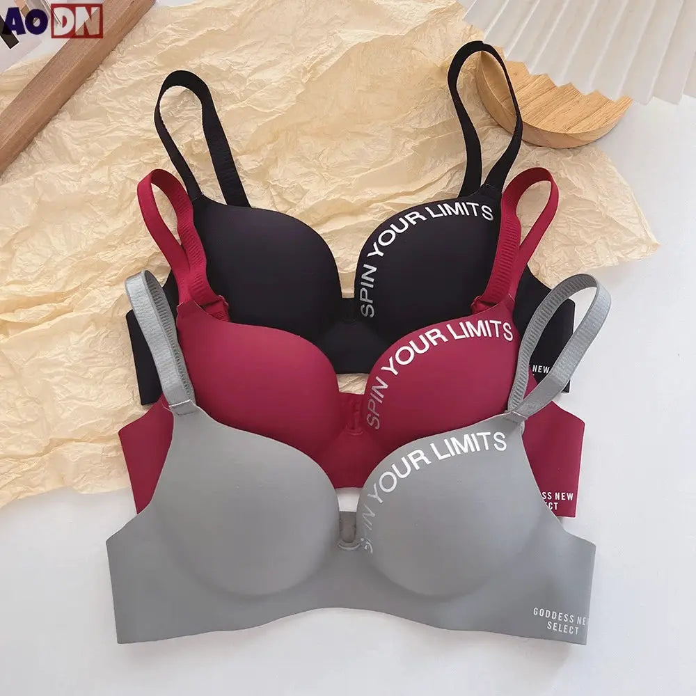 Simplicity letters printed bra set (4) with seamless cups in black, burgundy, and gray.