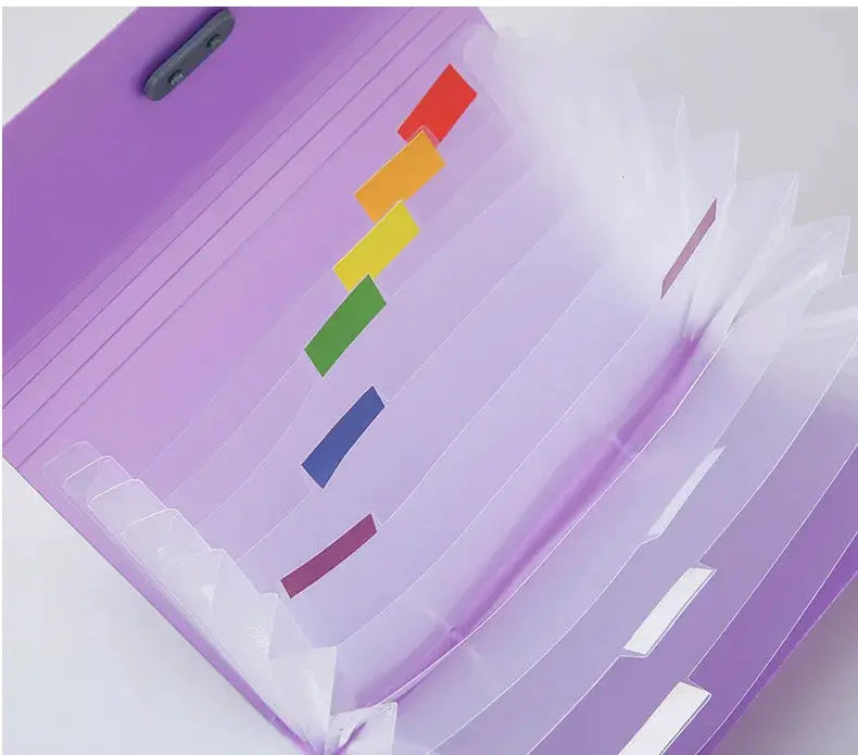 A6 expanding file folder in purple with rainbow color tabs and clear pockets for organizing documents