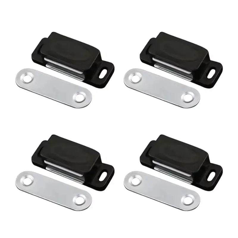 4-piece cabinet magnetic door catch set with black housings and silver mounting plates