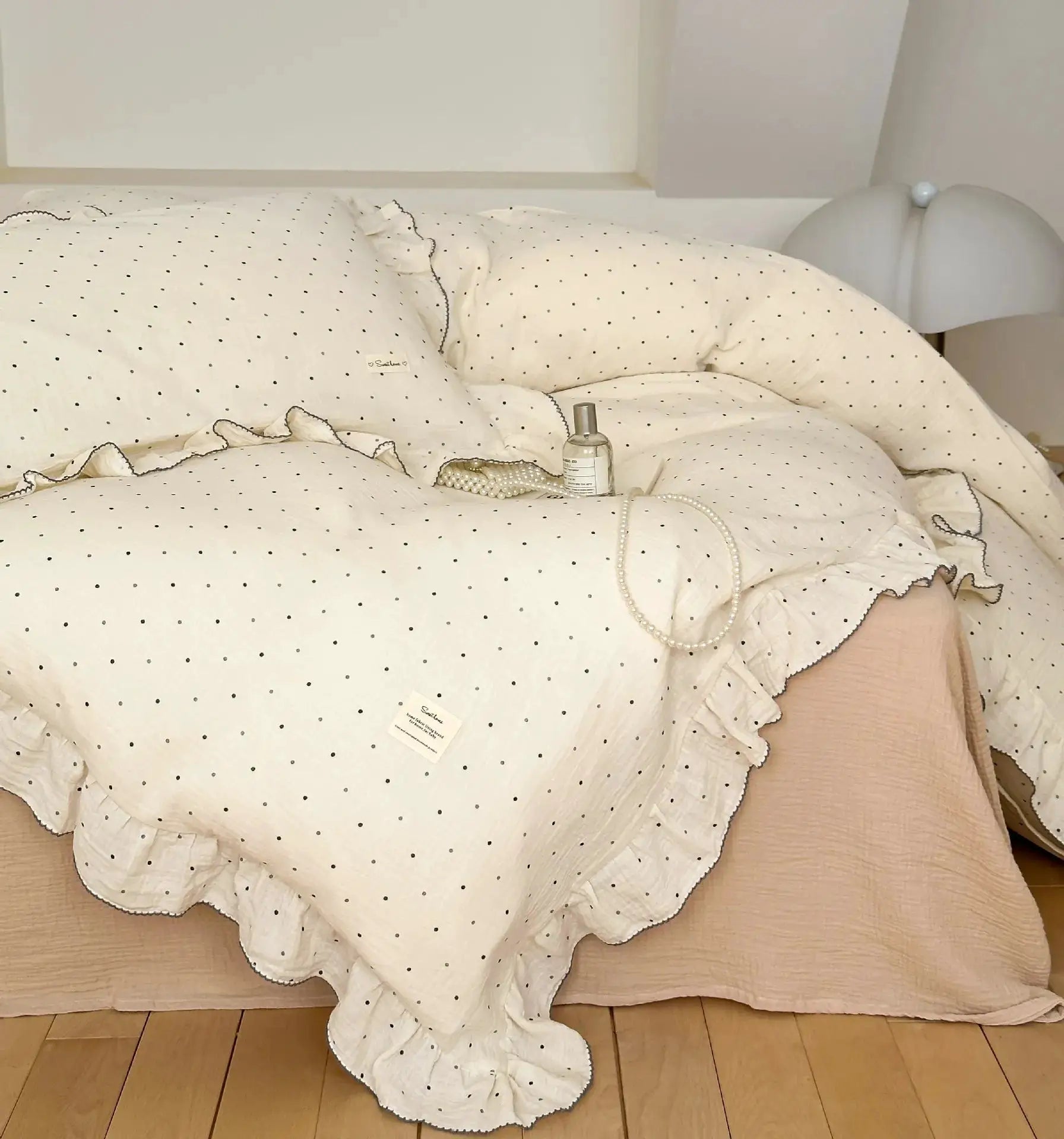 Simples Market bedding set INS Princess Ruffle Edge gauze 100% cotton, white with polka dots, 3-piece
