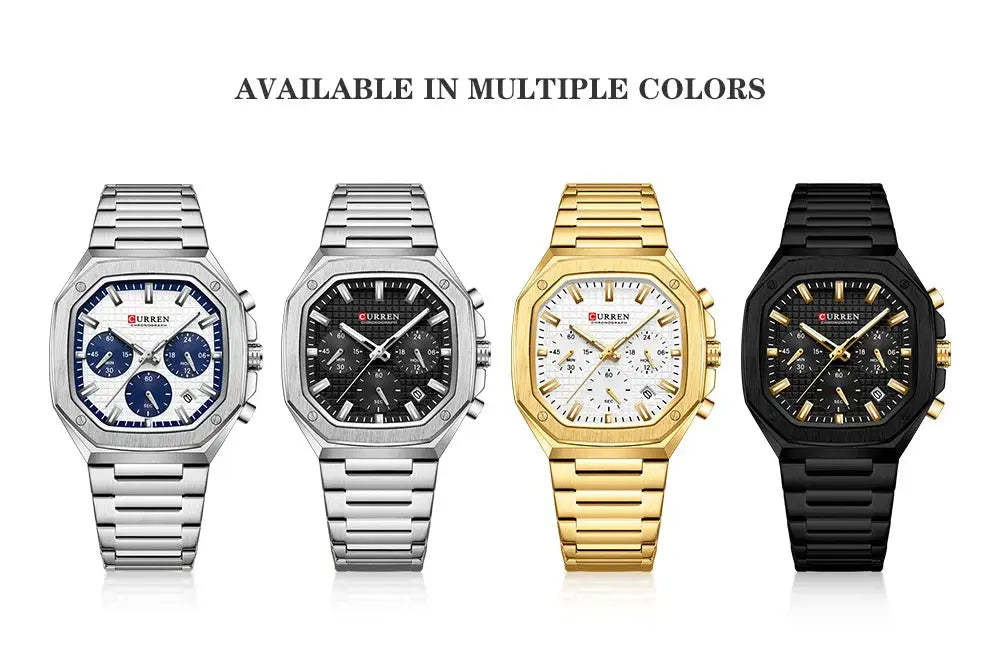 CURREN men's square stainless steel chronograph watch with date, four color options.
