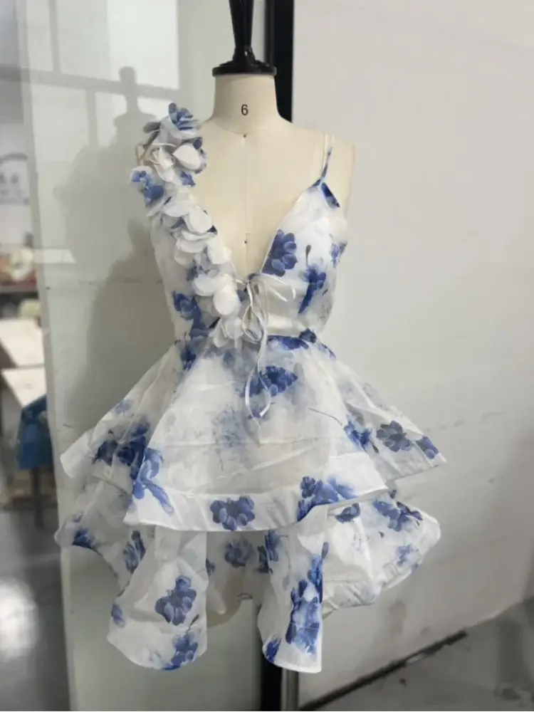 Floral Printed Backless Mini Dress Sleeveless A Line Party Clubwear