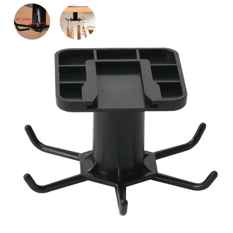 Simples Market 360° rotating kitchen utensil rack with 6 adhesive hooks, black plastic no-drill cabinet mount