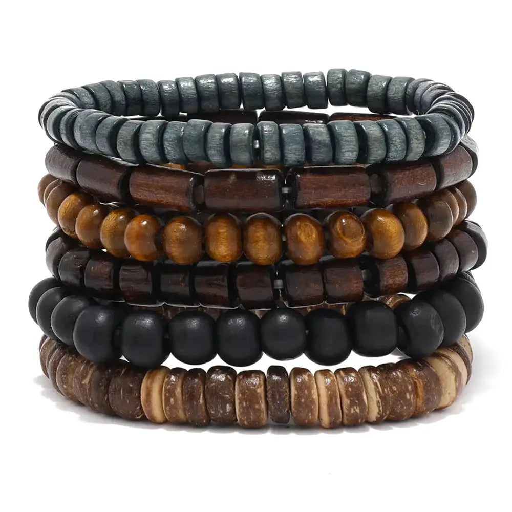 Womens Buddha bead wooden bracelet set, six-layer elastic stack in teal gray, amber and brown tones from Simples Market