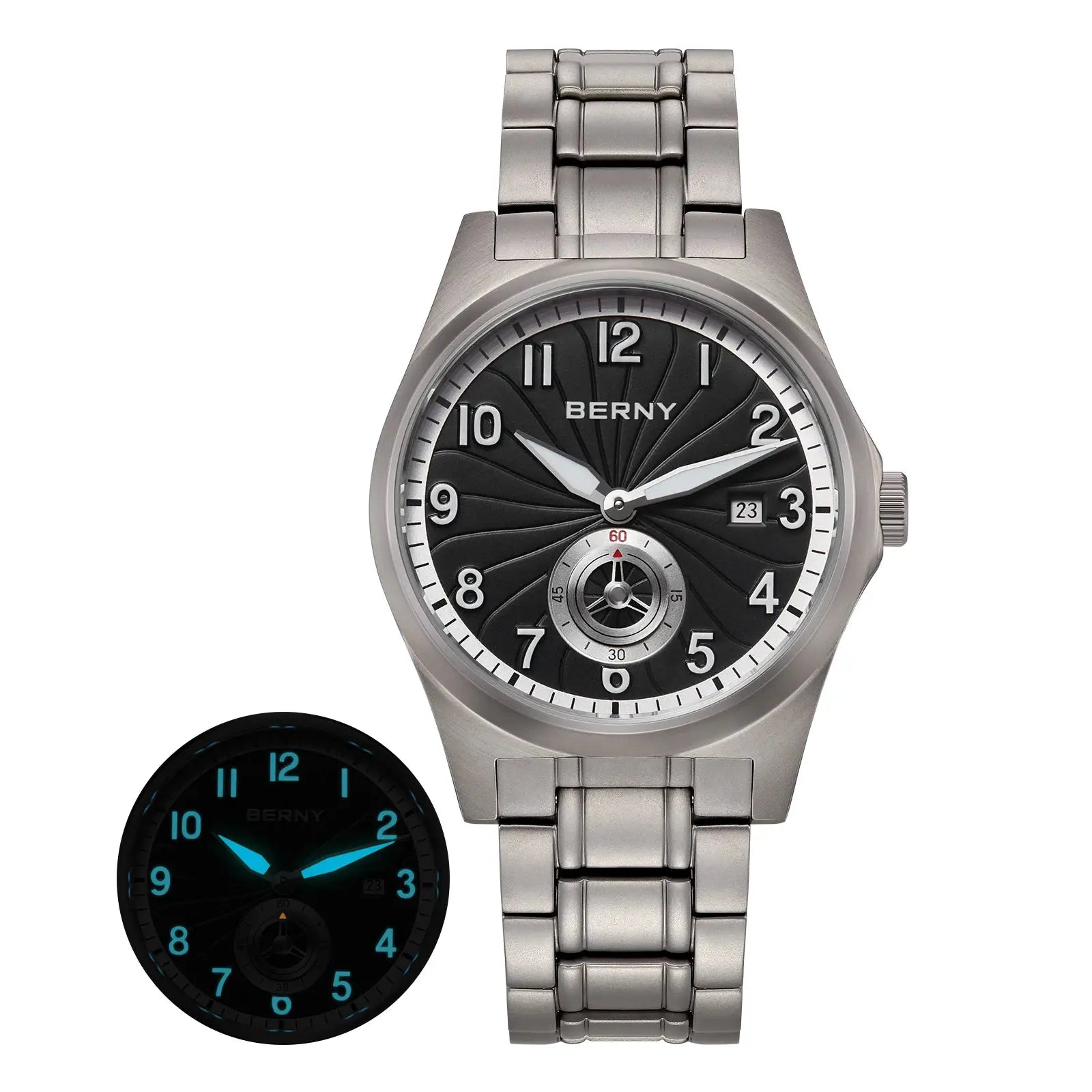 BERNY titanium automatic men’s watch with black dial and silver bracelet; two watches shown, one luminescent.