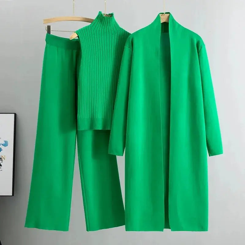 Spring Autumn 3 Piece Women Cardigan Tracksuit Set Knitted Pant Outfit With Turtleneck Vintage Fashion