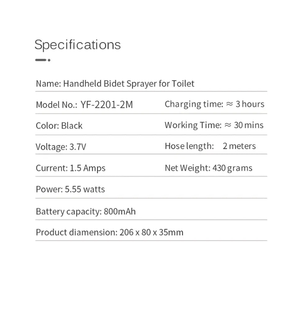 WOWER portable handheld bidet sprayer with 2m hose, black, rechargeable, Simples Market