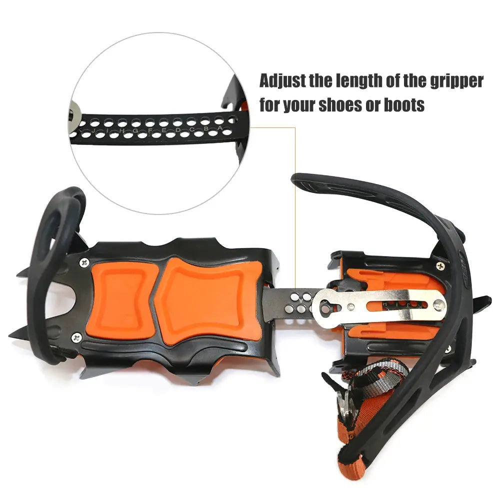 Simples Market 12-tooth ice crampons with stainless steel spikes, orange/black housing, and adjustable strap for shoes