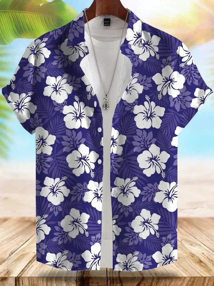 Seaside Hawaiian Style men's short-sleeve shirt in purple with white hibiscus print, Simples Market