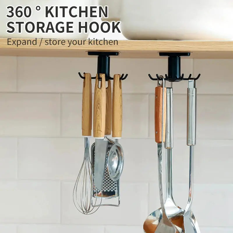 360° Kitchen Storage Hook under-cabinet adhesive utensil rack with 6 hooks; two racks shown